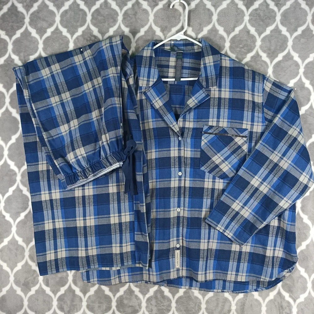Savage X Fenty Pajama Set Women Plus Size 20 Blue Plaid Two Piece Sleepwear Cozy